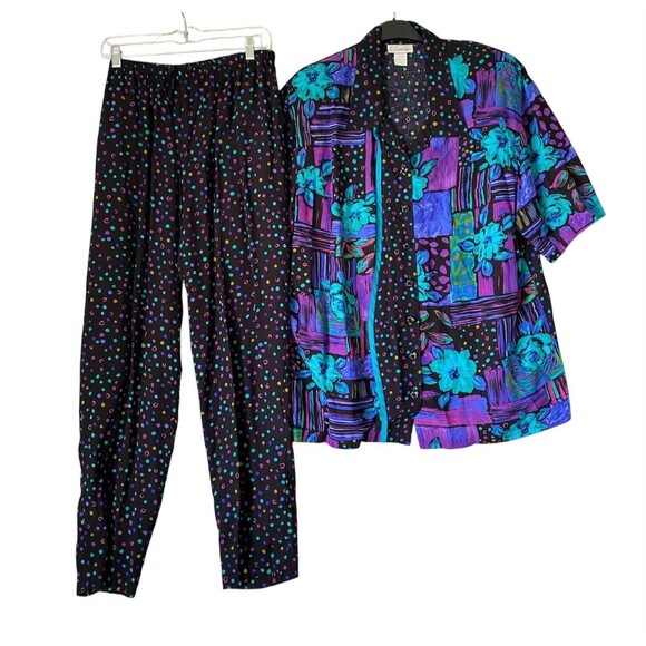 VTG 90s L.Lawrence 100% Rayon 2‎ Piece Set Suit Wide Leg Pants Blouse 2X Multi - Picture 1 of 12